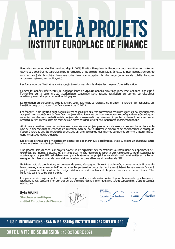 Call for papers INSTITUT EUROPLACE DE FINANCE