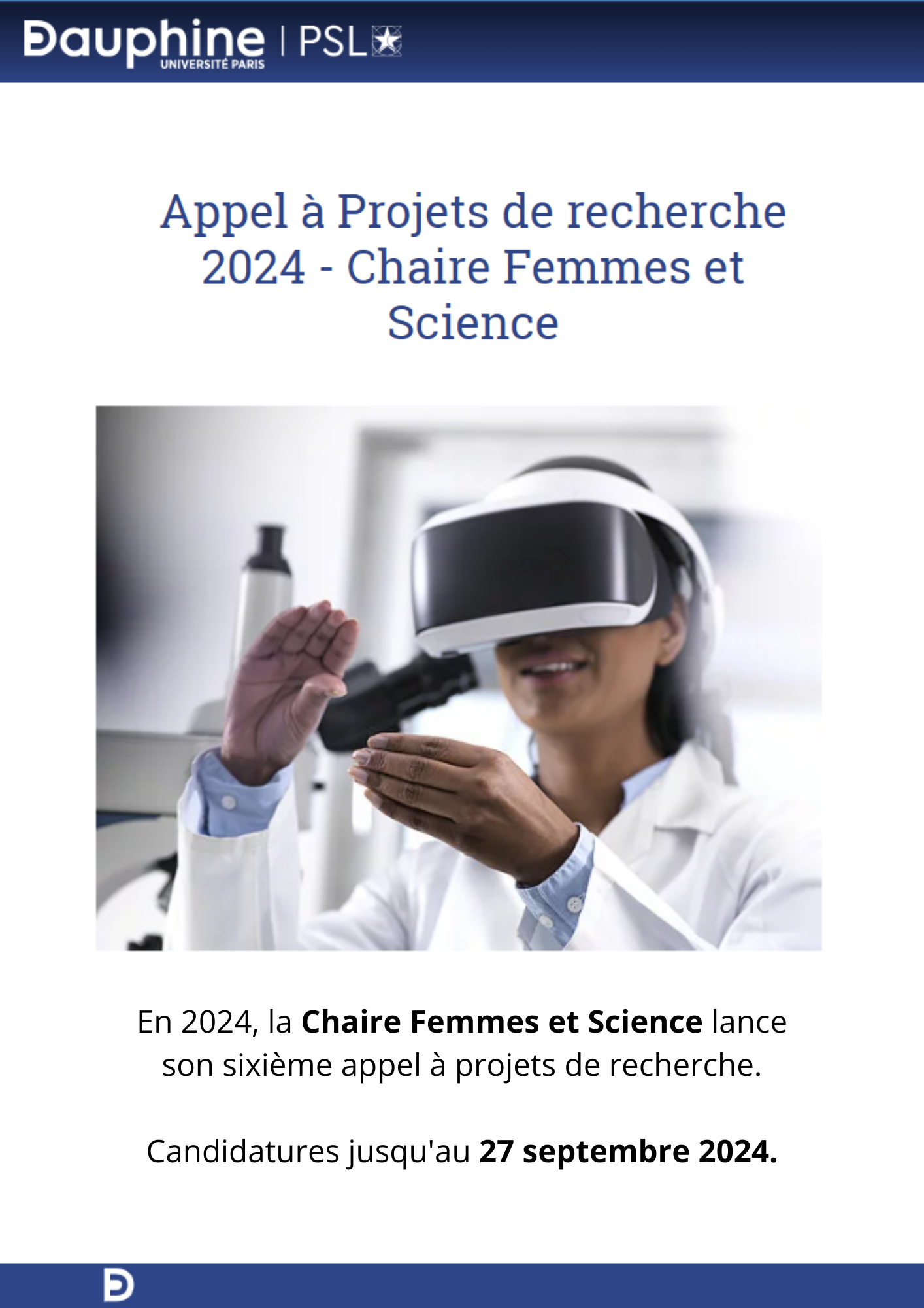 Appel à Projets de recherche 2024 - Chaire Femmes et Science